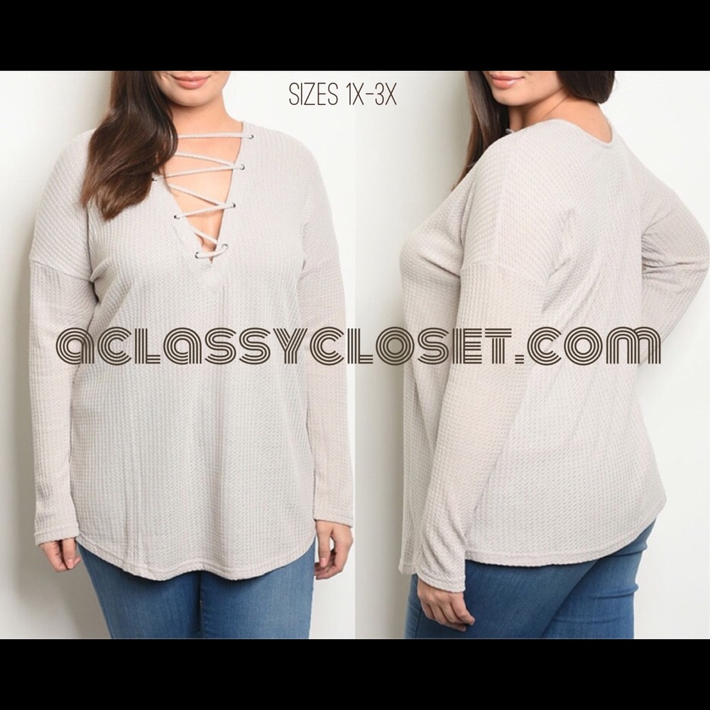 ONLY 1X & 2X LEFT: Curvy Dove Lace-Up Front Sweater